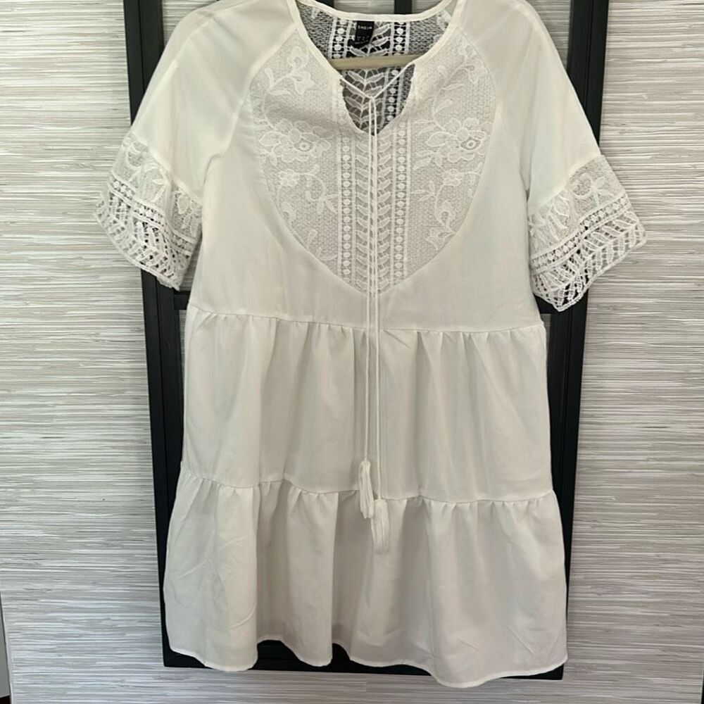 SHEIN adorable Boho white three tiered lace trim crochet dress or beach cover-up